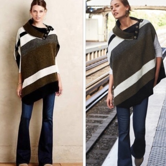 Anthropologie Tabitha Transverse Poncho Striped Wool Blend Colorblock Boho - Picture 1 of 10